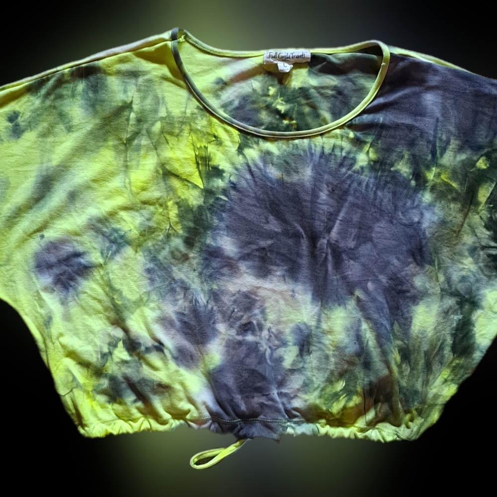 Full Circle Trends Lime Green Grey White Crop Top Drawstring Women's Size Large